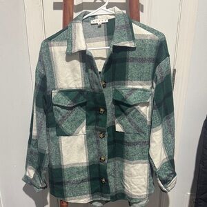 Green and White Plaid Button-Up Jacket